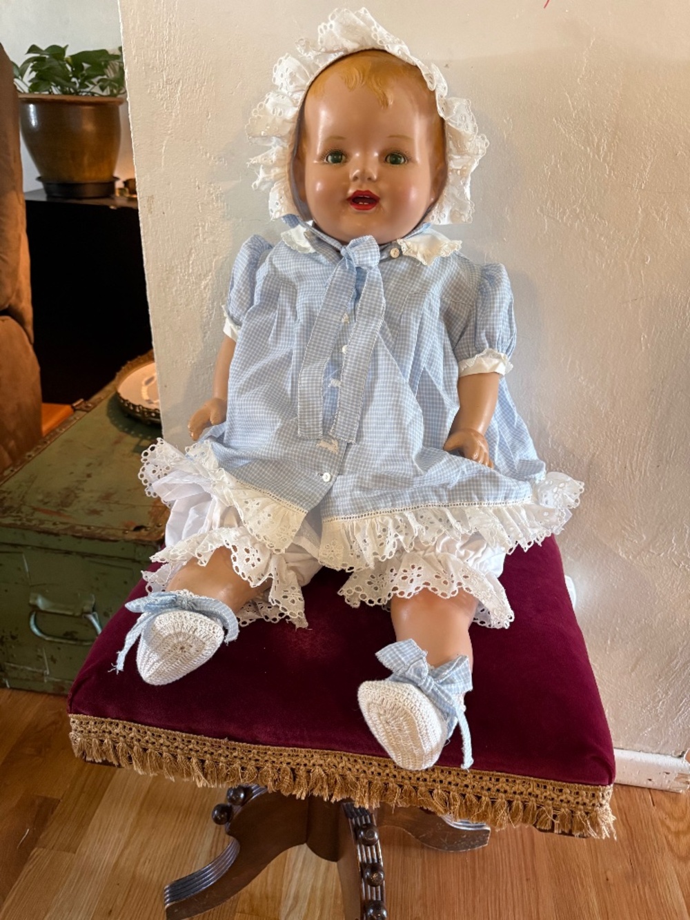 26” Composition & Cloth Mama Baby Doll Sleep Blue Eyes Open Mouth Tongue Teeth.